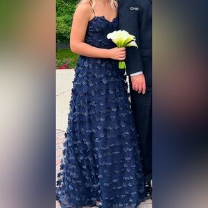 Navy formal dress with sheer overlay with flowers